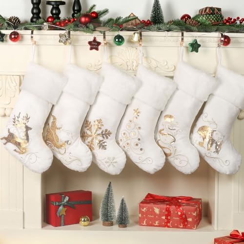 Large White Velvet Christmas Stockings Set of 6 with Gold Embroidery by ChristmasStockings