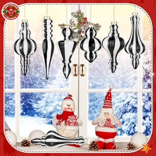 Soaoo 6 Pcs 6.3 in Black and White Mercury Glass Finial Christmas Ornaments - Image 4