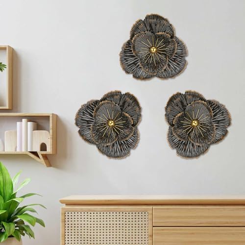 DILATATA 3 Pcs Metal Flower Wall Art Set 10 Inch Rustic Modern Floral Sculpture 3D Metal Flower Wall Hanging Accent for Indoor Living Room Bedroom Kitchen Bathroom Garden Patio Decor - Black - Image 4