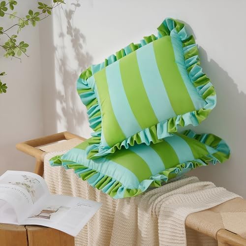 MONDAY MOOSE Decorative Throw Pillow Covers, Set of 2 Water-Resistant Striped Design with Ruffle Edge for Outdoor/Indoor Use, Pillow Inserts Not Included (22x22 inch, Light Green/Light Blue) - Image 2
