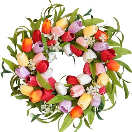 idyllic 20 Inch Spring Five-Color Tulip Wreath, for Front Door Window Porch Living Room Mantel Spring Colorful Home Decor Gift by idyllic