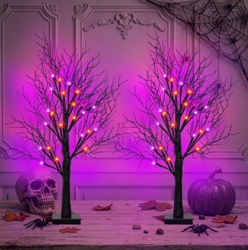 [Timer] 2 Pack Halloween Decorations Indoor, 24 Inch Lighted Black Halloween Tree with 24 Orange & Purple Lights, USB or Battery Powered Spooky Tabletop Tree for Home, Party, Fireplace & Holiday Decor - Image 4