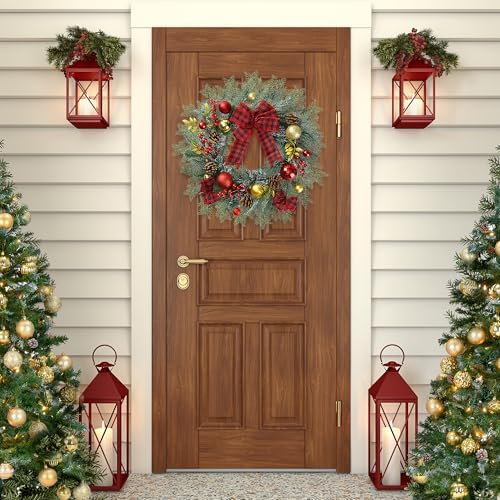Sggvecsy 20 Inch Artificial Christmas Wreath for Front Door with Pine Needles Red Berries Pine Cones Buffalo Plaid Bow Christmas Ball Decorations for Winter Wall Outdoor Home Holiday Xmas Decor - Image 3