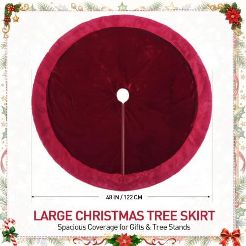 Skylety 48" Velvet Christmas Tree Skirt with Faux Fur Trim,Red - Image 2