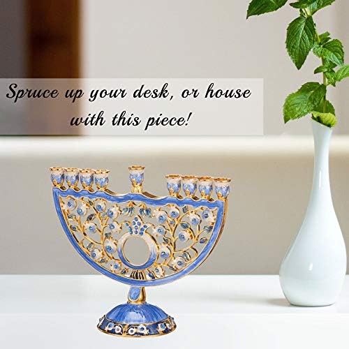 Matashi Hand Painted Blue Enamel Pomegranate Design Menorah Candelabra - Image 5