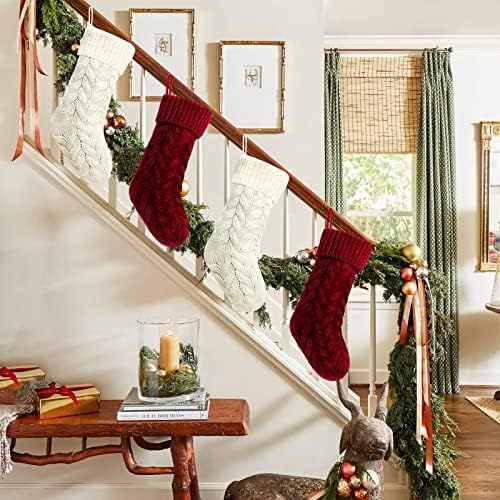 Pack 6,18" Unique Burgundy and Ivory White Knit Christmas Stockings Style3 - Image 3