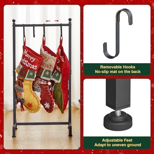 ELYKEN Christmas Stocking Holder Stand for Floor, Free Standing Stocking Rack with 4 Removable Hooks, Heavy Duty Metal Small Xmas Stocking Stand with Adjustable Feet, Black - Image 5