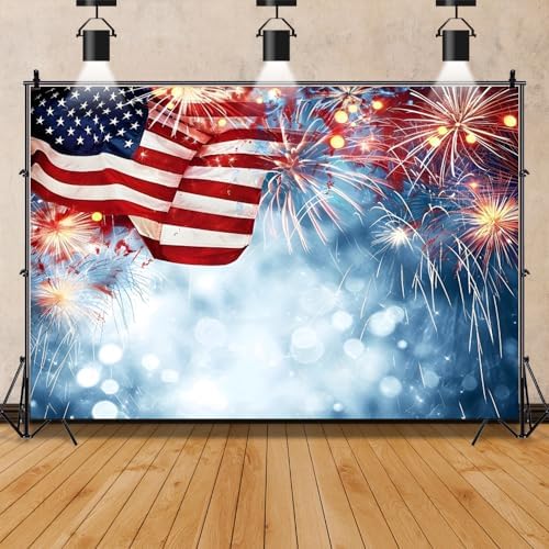 Laeacco 8x6ft Independence Day Backdrop Glitter Bokeh Fireworks American Flag 4th of July Photography Background for Patriotic Memorial National Day Decoration Party Banner Photo Booth Props - Image 4