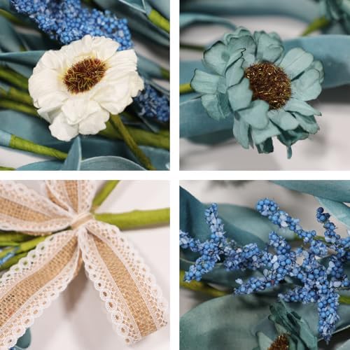 22 Inch Blue Teardrop Swags, 2 Pack - Blue Eucalyptus Door Decor with White Flowers & Lavender, Coastal Farmhouse Hanging Swags for Front Door, Stair Railing, Mantel, Wedding & Party Decor - Image 3