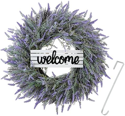 24 Inch Spring Wreaths for Front Door, Artificial Lavender Wreath with Welcome Sign and Hanger, Purple, for Spring, Summer, Autumn, Winter, Indoors, Outdoors, Corridors, Offices - Image 2