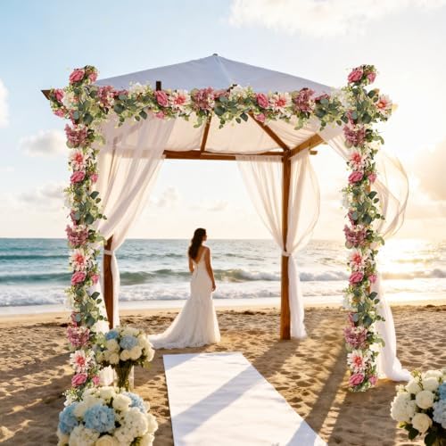 2Pcs Flower Garland Decorations, 12.27Ft Pink Flowers Rose Garland, Artificial Eucalyptus Greenery Vines with Floral for Wedding Wall Arch Table Centerpieces Backdrop Room Decor (Pink) - Image 3