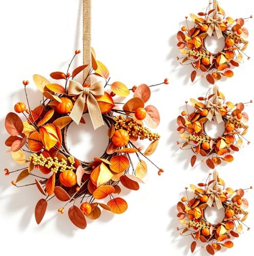 4 Pcs Small Fall Hanging Wreaths with Artificial Autumn Eucalyptus Leaves Mini Pumpkins Berry Clusters Burlap Ribbon Mini Cabinet Wreath for Home Kitchen Farmhouse Thanksgiving Harvest Party Decor by Unknown