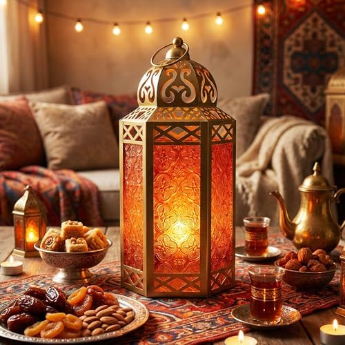 VELA LANTERNS 12" Metal Moroccan Decorative Candle Lantern Holders for Hanging or Table, Indoor Home Decor, Outdoor Patio or Porch, Weddings, Gold, Amber Glass, Large, Set of 2 - Image 6