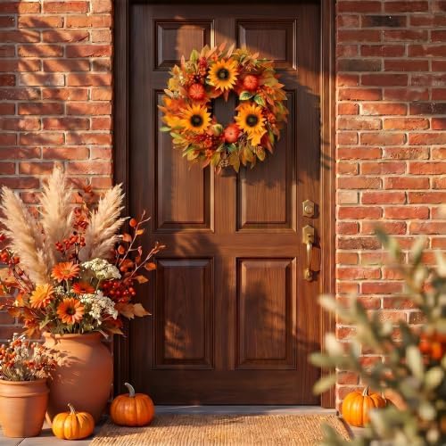 zjlmit Fall Wreaths for Front Door 24 Inch Artificial Fall Wreath with Orange Pumpkins Berries Maple Leaves and Grapevine Base Autumn Sunflower Wreath for Porch Harvest Festival Thanksgiving Day Decor - Image 2