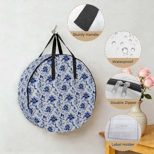 24 Inch Round Storage Bag 2 Pack,Retro Pastoral Flowers Waterproof Wreath Storage Container with Handles&Zipper Classic Country Blue Floral Closet Organizer Bags Garland Box - Image 5
