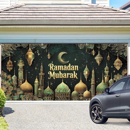 ANNA QUEEN Ramadan Mubarak Garage Door Banner 6x13FT, Islamic Mosque Moon Lantern Garage Door Cover, Large Outdoor Eid Ramadan Decoration Backdrop for Double Garage Doors, Home, Fence, Wall & Party Photo Booth - Image 2