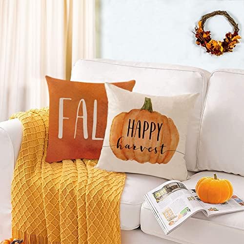 Set of 4 Fall Pillow Covers - 12x12 Inch Thanksgiving Decor Throw Pillows Covers with Pumpkins, Autumn Leaves - Decorative Home & Outdoor Sofa Couch Pillow Cases for Fall Theme Decorations (12 by 12) - Image 5