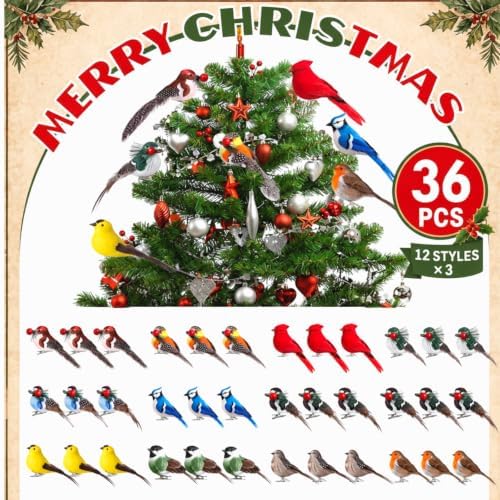 36 Pcs Clip on Bird Ornaments for Christmas Tree, 12 Style - Image 2