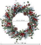 20 Inches Christmas Wreath Winter Wreaths Holiday Christmas Wreaths for Front Door Christmas Berry Wreath with Pine Needles Pine Cones Red Berries for Window Indoor Outdoor Winter Decorations - Image 7