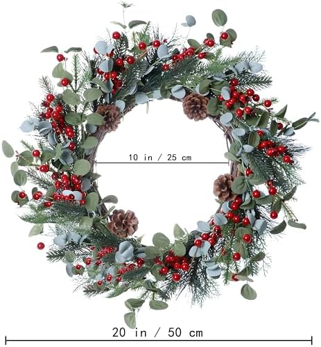 20 Inches Christmas Wreath Winter Wreaths Holiday Christmas Wreaths for Front Door Christmas Berry Wreath with Pine Needles Pine Cones Red Berries for Window Indoor Outdoor Winter Decorations - Image 7