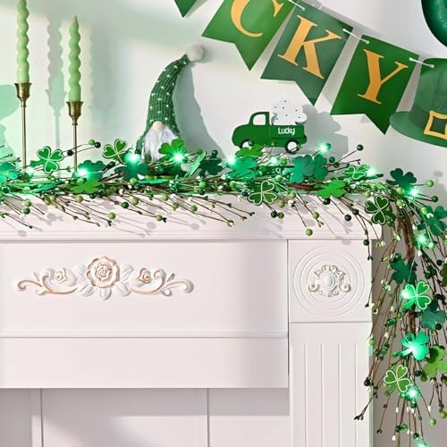 2 Pcs 6 Ft St Patrick's Day Garland with Light, Lighted Shamrock Garlands, Green Colored Wooden Shamrock and Berry Clover for St Patrick's Day Decor - Image 2