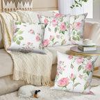 Pink Roses Throw Pillow Covers Blooming Floral Set of 4 Vintage Countryside Small Flower Green Leaves Linen Square Pillowcases for Couch Sofa Bedroom Patio Farmhouse Chair 26x26 Inch - Image 4