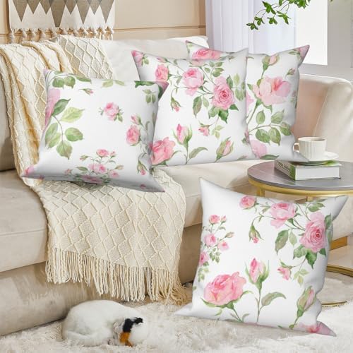 Pink Roses Throw Pillow Covers Blooming Floral Set of 4 Vintage Countryside Small Flower Green Leaves Linen Square Pillowcases for Couch Sofa Bedroom Patio Farmhouse Chair 26x26 Inch - Image 4