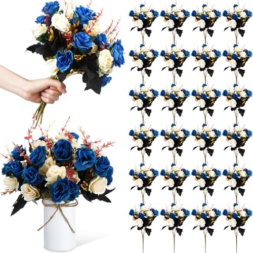 Hotop 24 Pcs Artificial Flowers Centerpiece for Tables 13 in, Dark Blue by Hotop