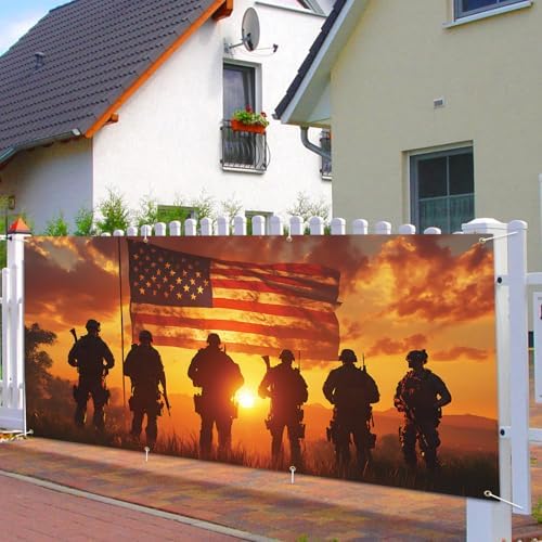 13x6 ft Patriotic Silhouette Garage Door Banner - Saluting Figures with American Flag Backdrop, Hanging Garage Decorations - for Memorial Day Veterans Day Tribute, Military Honor Outdoor Wall Sign - Image 5