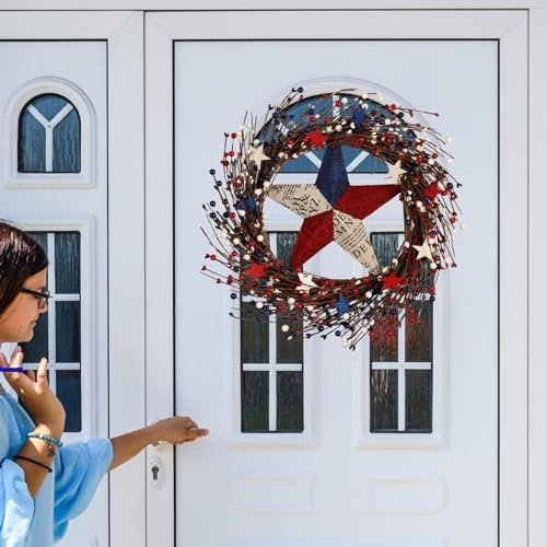 22IN Artifical Patriotic Wreath 4 of July Wreath with Berry, Star for Front Door Wall Decor Indoor Outdoor - Image 2