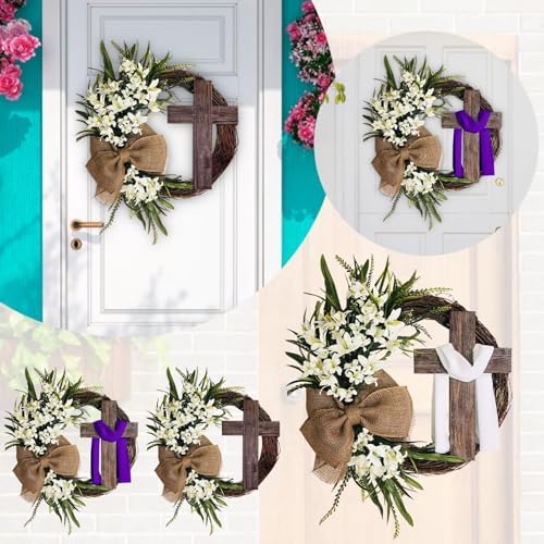 Easter Cross Wreath with Burlap Bow, Easter Door Wreath with Burlap Bow Swag Bowknot Rustic Farmhouse Spring Lily Wreath Easter Decorations for Hanging Door Decor (23IN Num.04) - Image 7