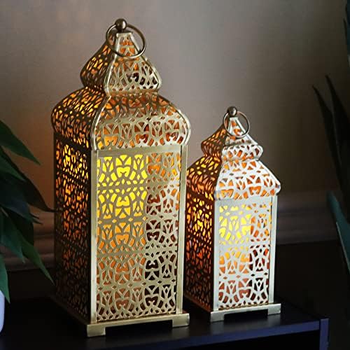 VELA LANTERNS 8pc Golden Temple Moroccan Lantern Lamp Decorative Candle Holders for Ramadan Decorations, Hanging, Outdoor Patio or Porch, Indoor Home Decor, Gold, (11" and 15" Tall) - Image 3