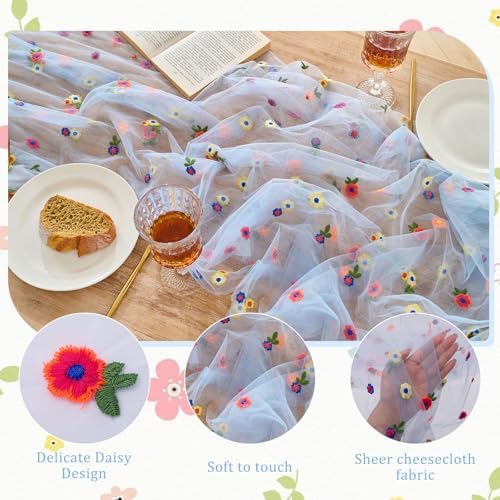 BINBE 12pcs Daisy Spring Table Runner Embroidery Gauze 10FT Florals Seasonal Tulle Holiday Birthday Kitchen Dining Table Decor for Home Party Blue - Image 3