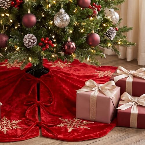 Hollowfly Red Velvet Christmas Tree Skirt with Sequin Snowflake 48'' - Image 4