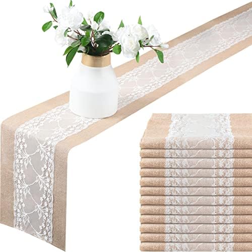 Shimeyao 12 Pcs Burlap Table Runners White Lace 11.8 x 70.9 Inch Rustic by Shimeyao