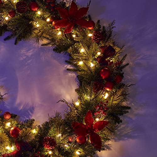 9Ft Poinsettias Pre-lit Christmas Garland 50 LED Lights Battery Operated,Holiday Decoration Fireplace Stairs Mantle Door Indoor Outdoor - Image 6