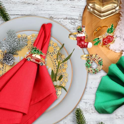 Ziliny 16 Pcs Cotton Christmas Napkins and Rings Set, 8 Washable Thanksgiving Napkins Cloth, 8 Xmas Napkin Rings for Xmas Dinner Party Table Decoration(Bells Cars Socks) - Image 3