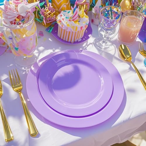 FLOWERCAT 60PCS Purple Plates - Heavy Duty Purple Plastic Plates Disposable for Easter Party/Wedding - Include 30PCS 10.25" Dinner Plates and 30PCS 7.5" Dessert Plates - Image 2