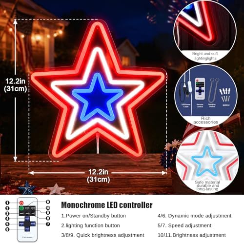 4th of July Patriotic Decorations Red White and Blue Memorial Day Decor Star Neon Sign 12.2 In Acrylic Star Lights for Independence Day Fourth of July Decor for Home Holiday Decor - Image 2