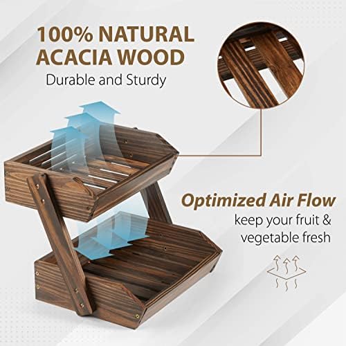 Large Capacity 2-Tier Wooden Fruit Basket, Durable Acacia Wood, 10.5" Tall, Spacious for Produce, Vegetables, Bread Storage and Home Kitchen Countertop - Image 3