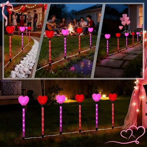 YUNVI 6 Pack Valentine's Day Pathway Lights,8 Modes LEDs Red&Pink Heart Stake Light with Timer Valentine Walkway String Lights Markers for Outdoor Backyard Patio Lawn Garden Party Decoration - Image 7