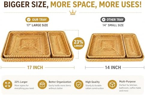 i-lan 17" Large Rattan Nesting Serving Trays, Handwoven Wicker Set of 3 - Image 4