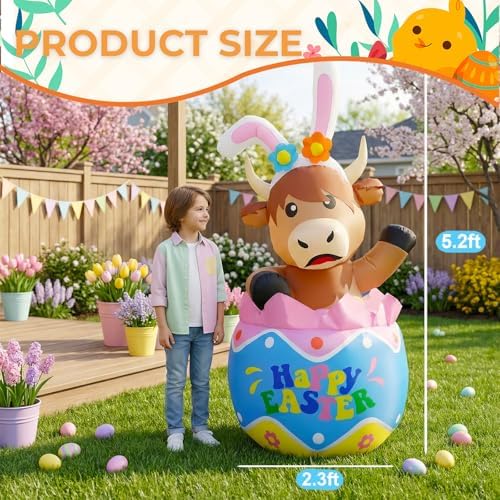5FT Easter Inflatable Highland Cow with Egg Decorations Built-in LED Lighted Blow Up Decoration Home Yard Outdoor Indoor Garden Lawn Decor - Image 2
