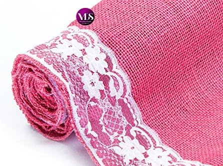 VDS Pack of 12, Burlap Table Runner with White Lace Edge, 100% Natural Jute Rustic Hessian Table Cloth Centerpiece for Wedding Birthday Party Banquet Table Decoration (Size 12X108 Inch)(Pink) - Image 5