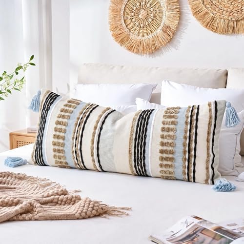 NUYECY Chenille and Cotton Long Pillow for Bed,Striped Textured Boho Long Lumbar Throw Pillow Cover 16x36,Neutral Accent Decorative Extra Long Body Pillow Case for Couch Sofa Bedroom,Khaki by NUYECY