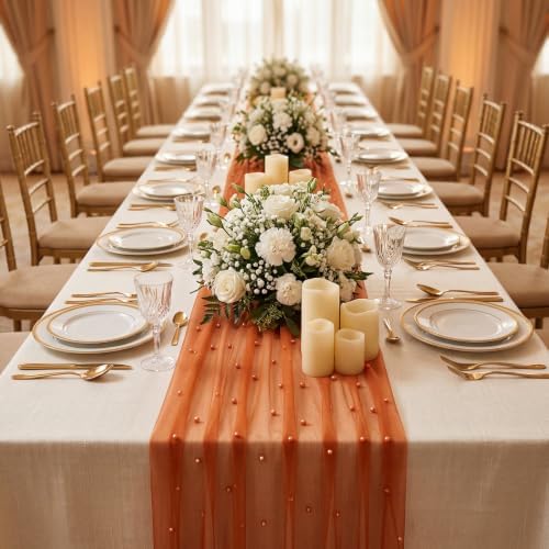 10 Pcs Fall Orange Gauze Pearl Table Runner 120 Inch 10ft - Image 2