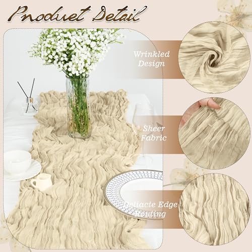 16Packs Beige Cheesecloth Table Runners – Boho Gauze Vintage Table Decor, 120 Inch Long Rustic Cheese Cloth Runner for Wedding, Bridal Shower, Birthday, Romantic Party 10Ft (Beige, 24" x 120"-16Packs) - Image 3