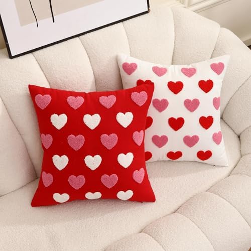Valentines Day Throw Pillow Covers 20x20 Set of 2 Heart Love Couples Decorations Embroidery Cushion Covers Home Decor for Couch Lover Girlfriend Sofa Bedroom, White Red Pink - Image 5