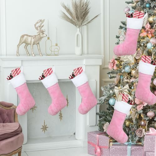 12 Pcs Christmas Stocking 18" Plush,Pink and White - Image 4