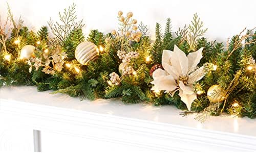 9Ft Christmas Garland Prelit with Gold Berries and Balls,Flower and 50 Lights Plug in,Holiday Decoration Fireplace Stairs Mantle Door Indoor Outdoor - Image 6